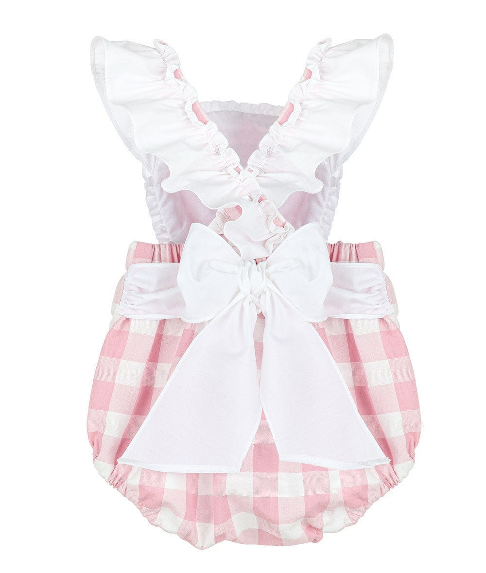 Sophie & Lucas Girls Pink Lemonade Buffalo Check Bubble - White Ruffle Straps