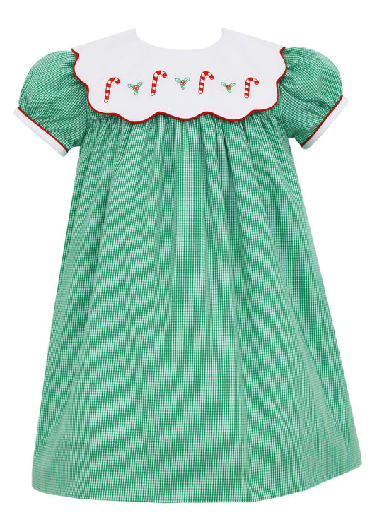 Anavini Girls Green Gingham Dress - Embroidered Candy Canes on Scallop Collar