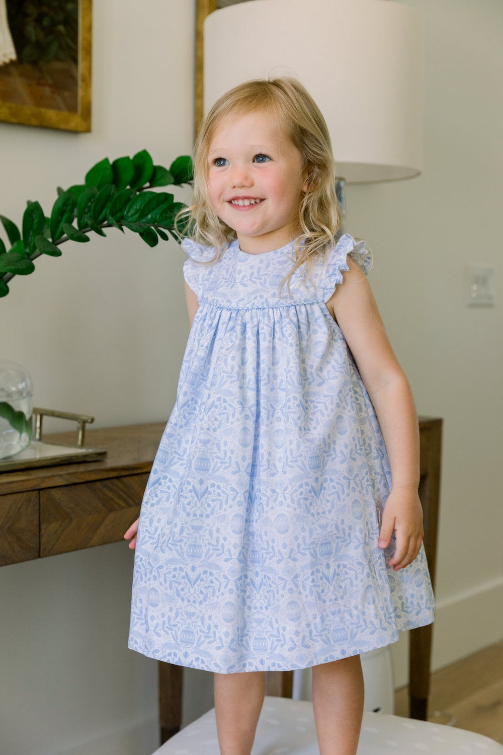 Bailey Boys Girls Flutter Sleeve Float Dress - Blue Easter Egg Toile