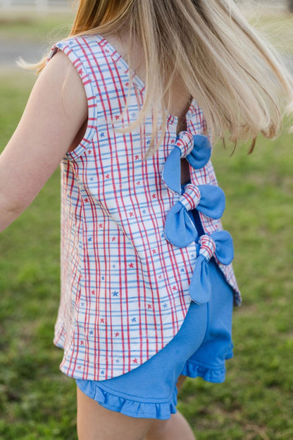 James & Lottie Girls Kinley Bow Shorts Set - Patriotic Stars Print