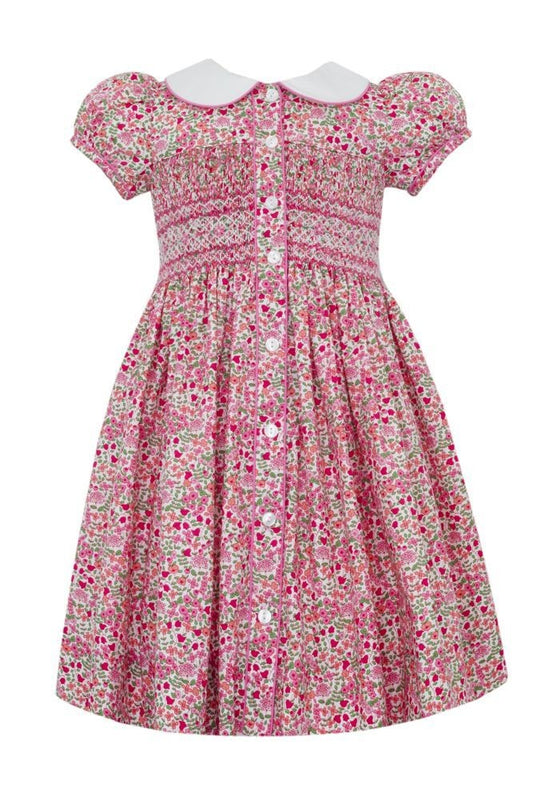 Anavini Couture Girls Hot Pink Liberty Floral Button Front Dress - Smocked Bodice