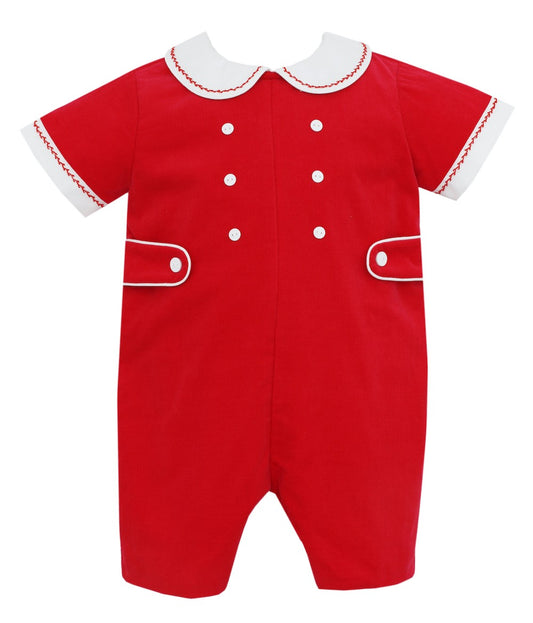 Anavini Couture Baby Boys Red Corduroy Short Romper - White Collar