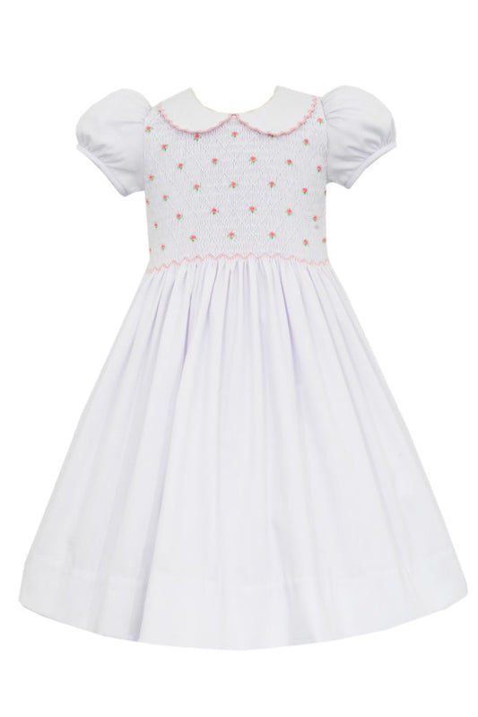 Anavini Couture Girls White Pique Dress - Scallop Collar - Fully Smocked Bodice