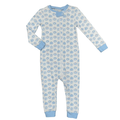 James & Lottie One Piece Zip Up Pajamas Jammies - Pumpkins - Blue