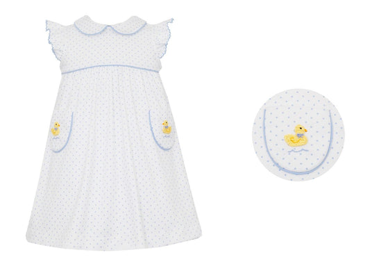 Petit Bebe Knits Girls White / Blue Dots Ducks Dress - Pockets