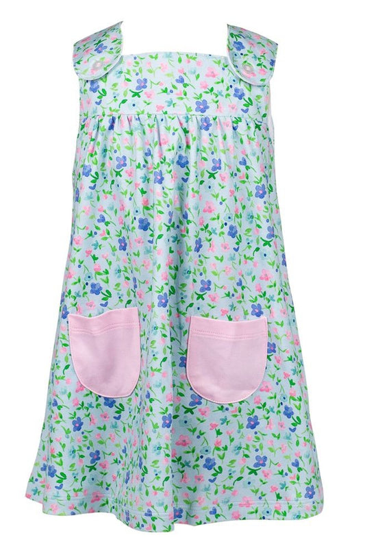 Proper Peony Girls Blue Morning Glory Dress - Pink Pockets