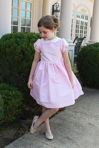 Susanne Lively Girls Party Dress - Pink Checks with Collar & Sash