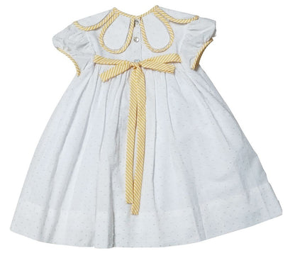 Marco & Lizzy Girls White Dotted Swiss Dress - Yellow Trim Petal Collar