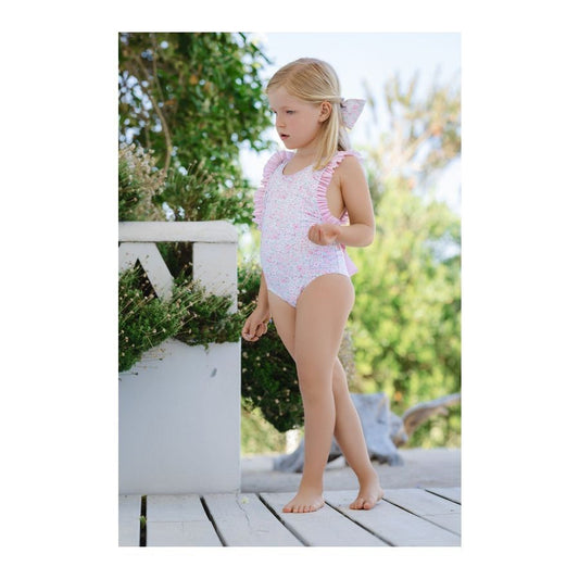 Sal & Pimenta Girls Ruffle Swimsuit with Bow on Back - Pink Ditsy Floral by Sal & Pimenta