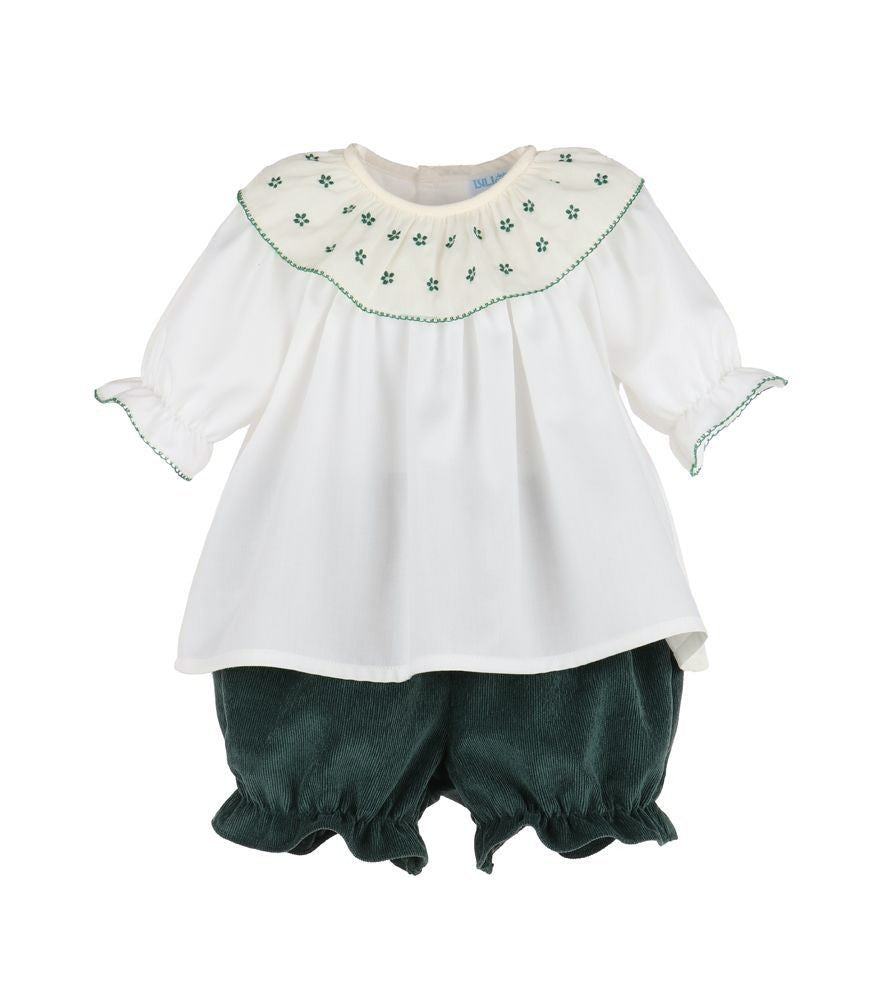 Luli & Me Girls Winterberry Cord Embroidered Bloomers Set - Green