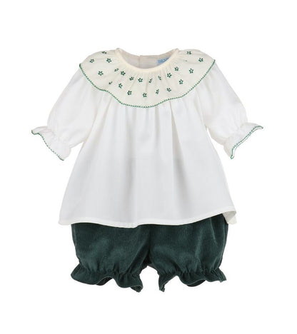 Luli & Me Girls Winterberry Cord Embroidered Bloomers Set - Green