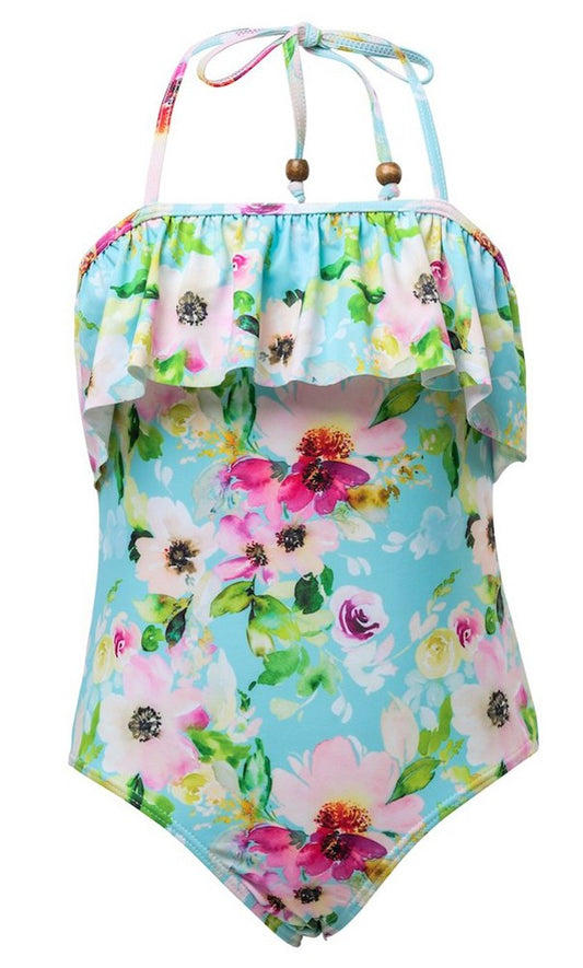 Snapper Rock Girls Blue Watercolor Floral Frill Halter Swimsuit