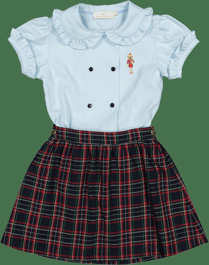 Sal & Pimenta Girls Skirt Set - Blue Nutcracker Bear Top with Plaid Skirt - Bow on Back!