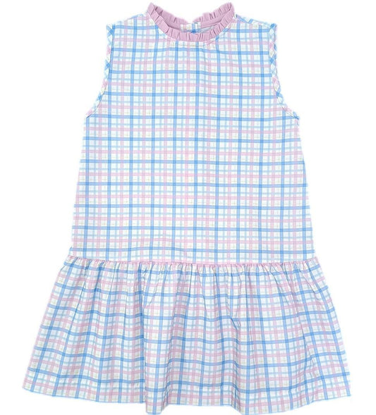 James & Lottie Girls Sydney Drop Waist Dress - Blue & Pink Pastel Plaid