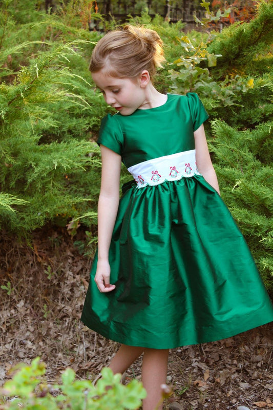 Susanne Lively Girls Taffeta Christmas Dress - Embroidered Wreath Sash - V-Back - Green