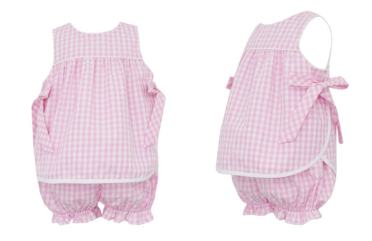 Petit Bebe Girls Pink Gingham Bloomers Set with Side Bows