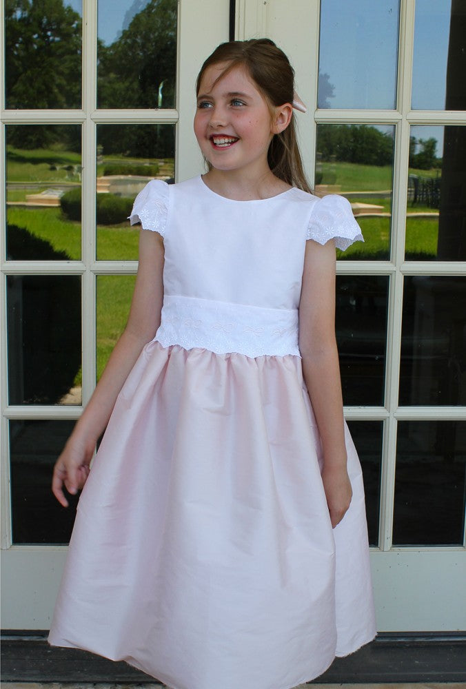 Susanne Lively Girls Pink / White Special Occasion Dress - Bow Embroidery at Waist