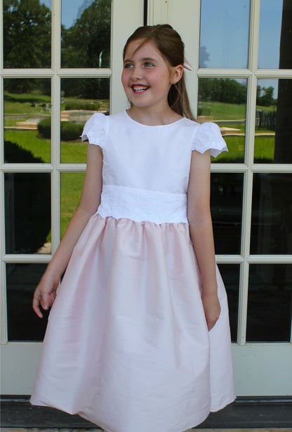 Susanne Lively Girls Pink / White Special Occasion Dress - Bow Embroidery at Waist