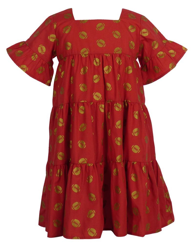 Yellow Lamb Girls Game Day Tiered Dress - Gold Footballs - Crimson Burgundy
