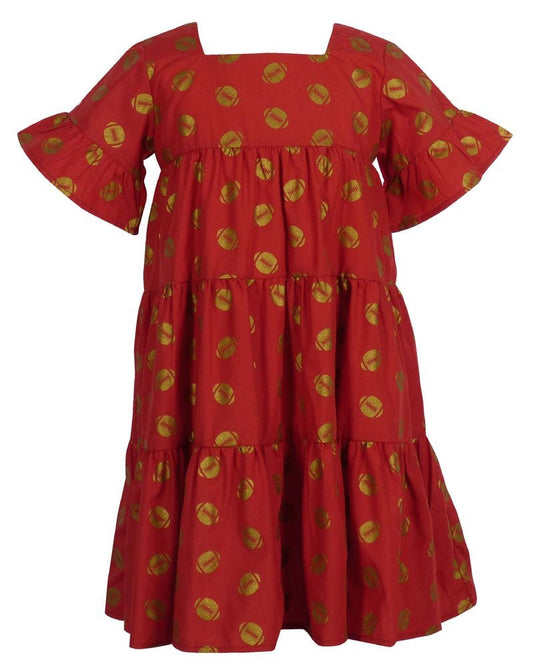 Yellow Lamb Girls Game Day Tiered Dress - Gold Footballs - Crimson Burgundy