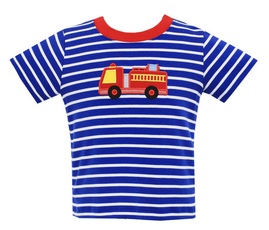 Claire & Charlie Boys Shirt - Royal Blue Stripes - Applique Firetruck by Claire & Charlie