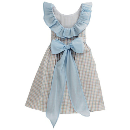 Bailey Boys Girls Princeton Plaid Dress - Blue Ruffle Neck & V-Back