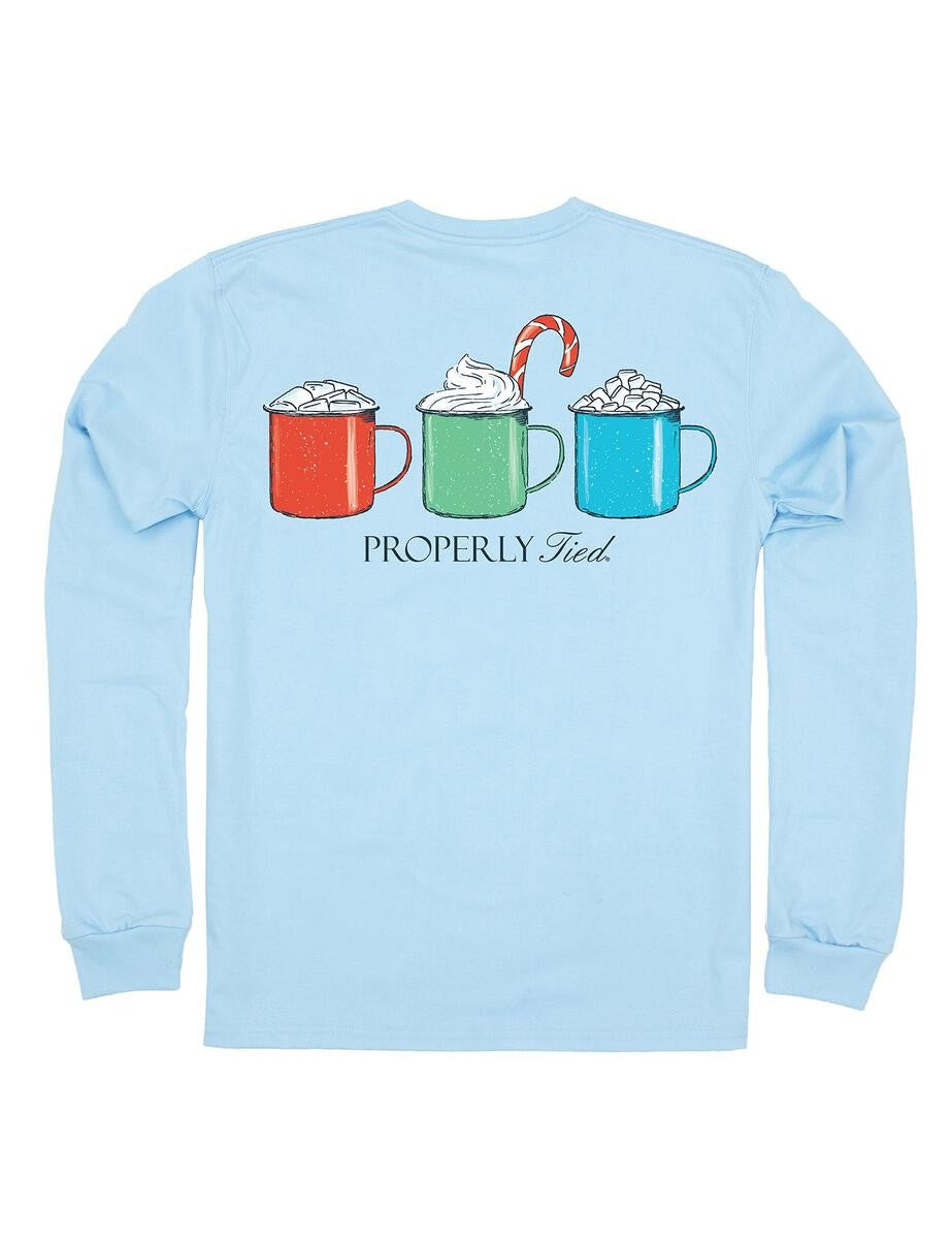 Properly Tied Tee Shirt - Logo Pocket on Front - Back Graphic - Powder Blue Hot Chocolate