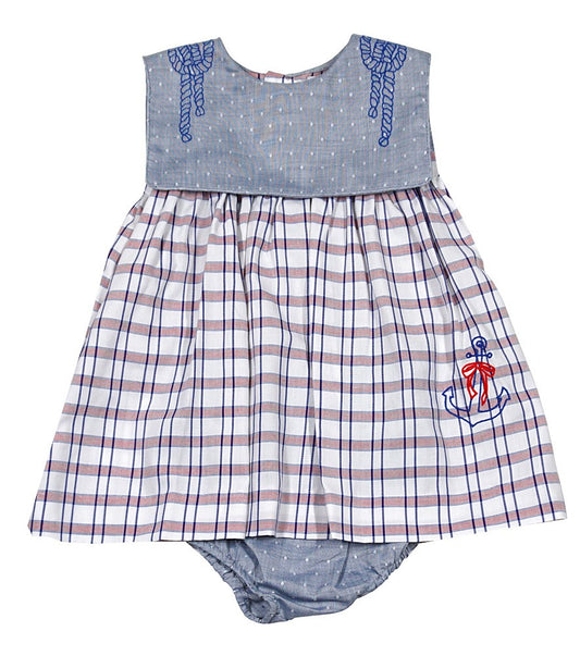 Sophie & Lucas Baby Girls Blue / Red Plaid Nautical Anchor Dress with Panty