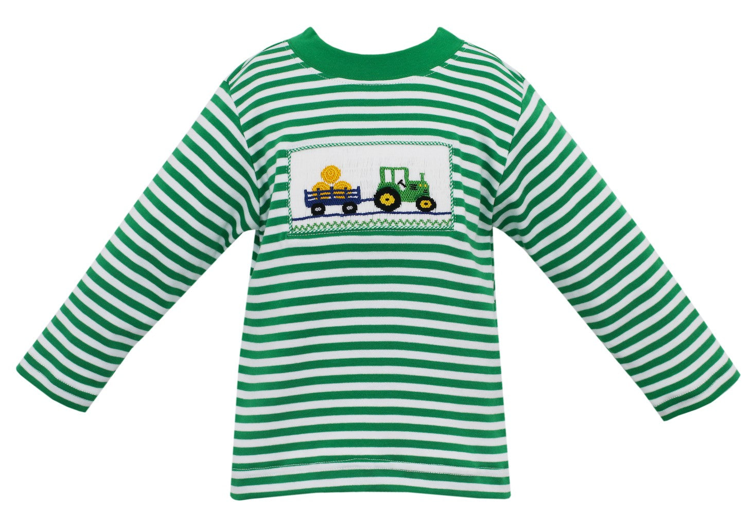 Anavini Velani Boys Green Striped Shirt - Smocked Farm Tractor