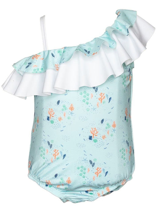 Proper Peony Girls Aqua Ocean Reef Ruffe One Shoulder Swimsuit