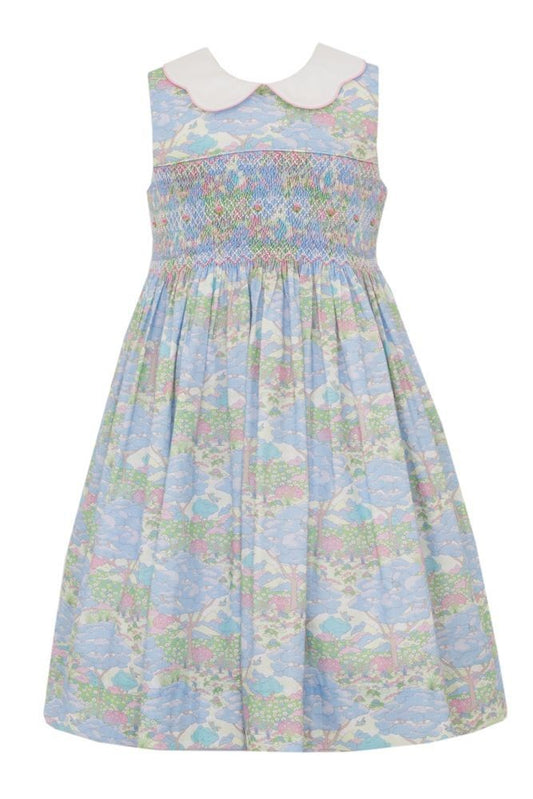 Anavini Couture Girls Blue Kensington Floral Sleeveless Smocked Dress