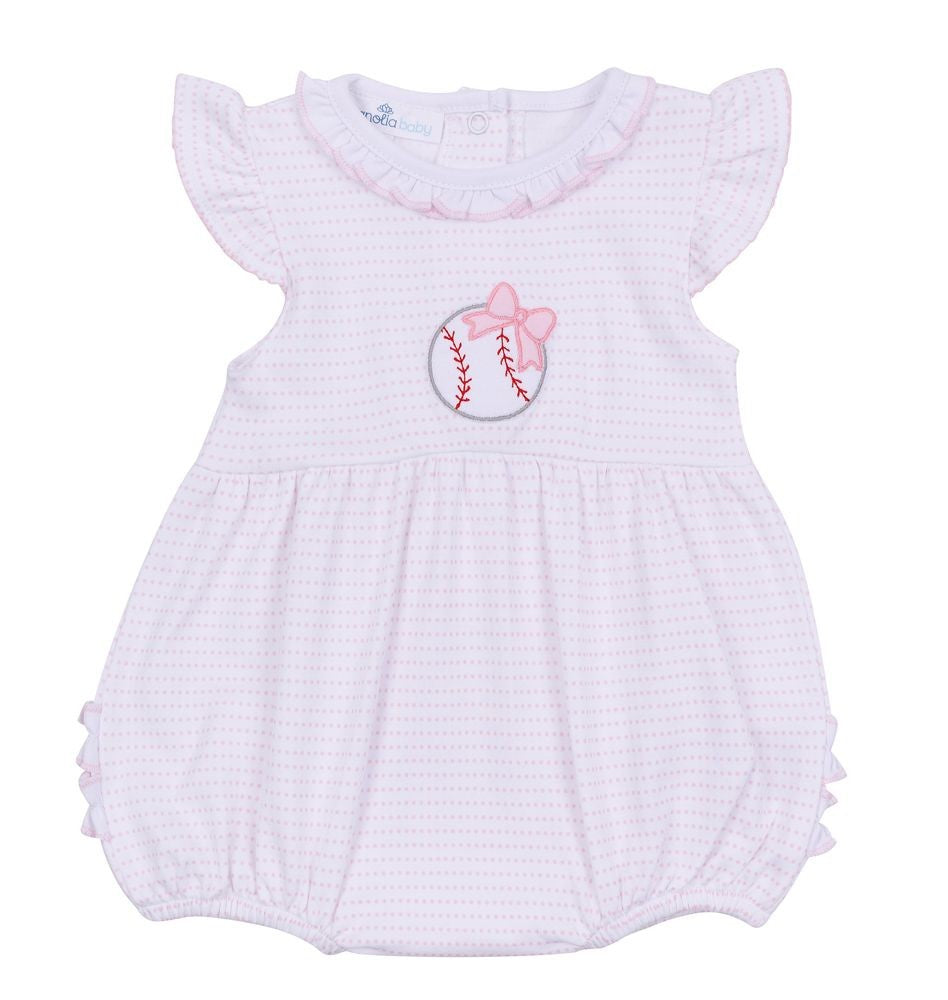Magnolia Baby Girls Pink Tiny Slugger Baseball Applique Ruffle Flutters Bubble