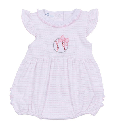 Magnolia Baby Girls Pink Tiny Slugger Baseball Applique Ruffle Flutters Bubble