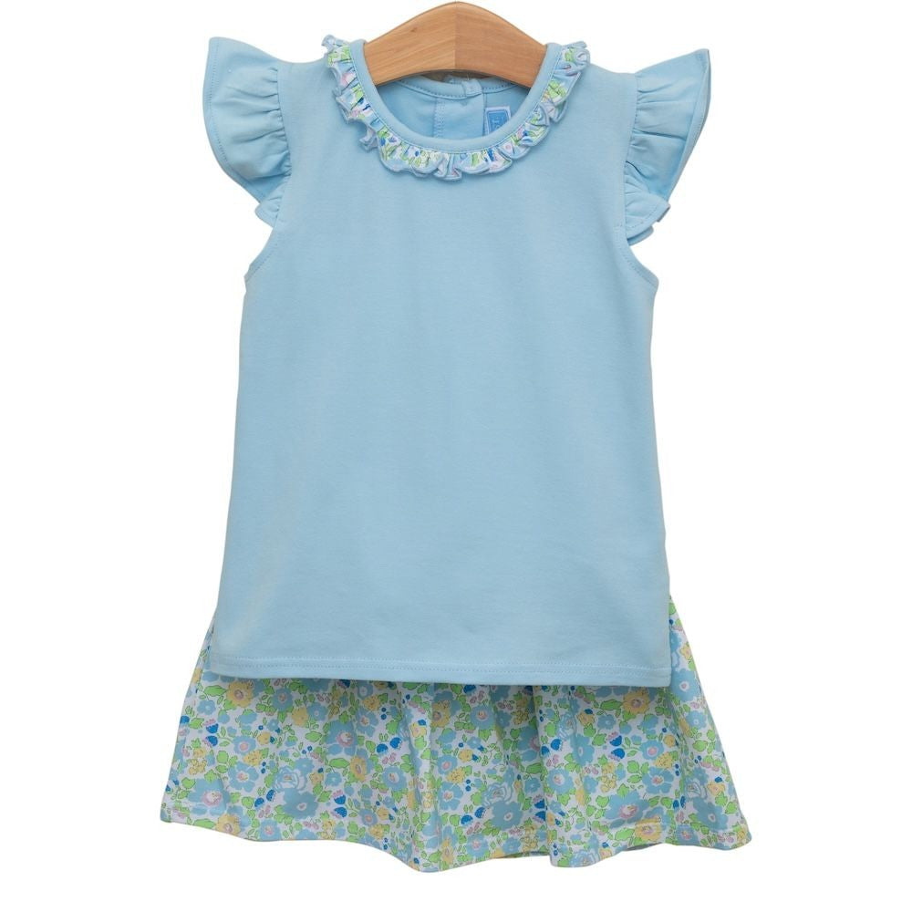 Trotter Street Kids Girls Blue Top with Blooming Floral Skort