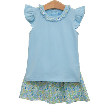 Trotter Street Kids Girls Blue Top with Blooming Floral Skort