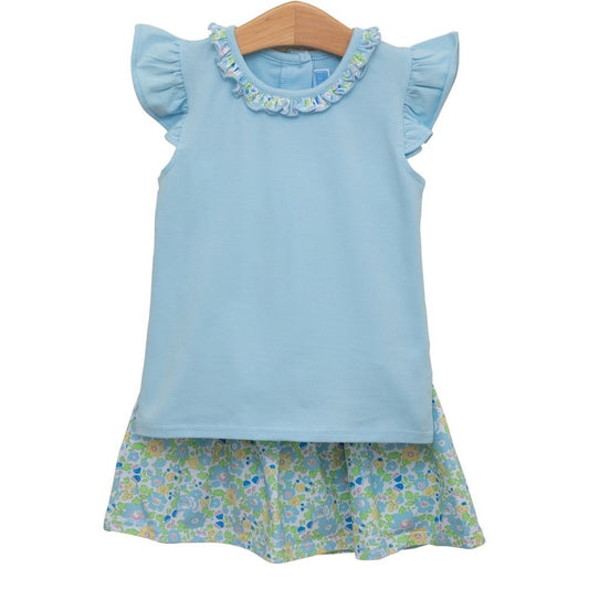 Trotter Street Kids Girls Blue Top with Blooming Floral Skort