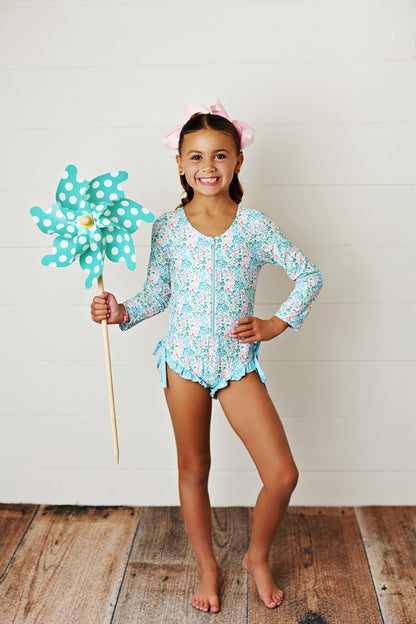 Swoon Baby Girls UPF 50 Zip Front Rash Guard Swimsuit - Blue Floral