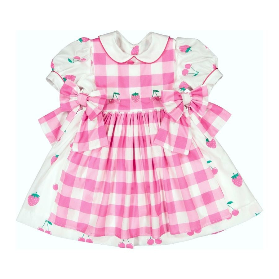 Sal & Pimenta Girls Dress - Strawberry Jam Print - Pink Buffalo Check Pinafore Apron