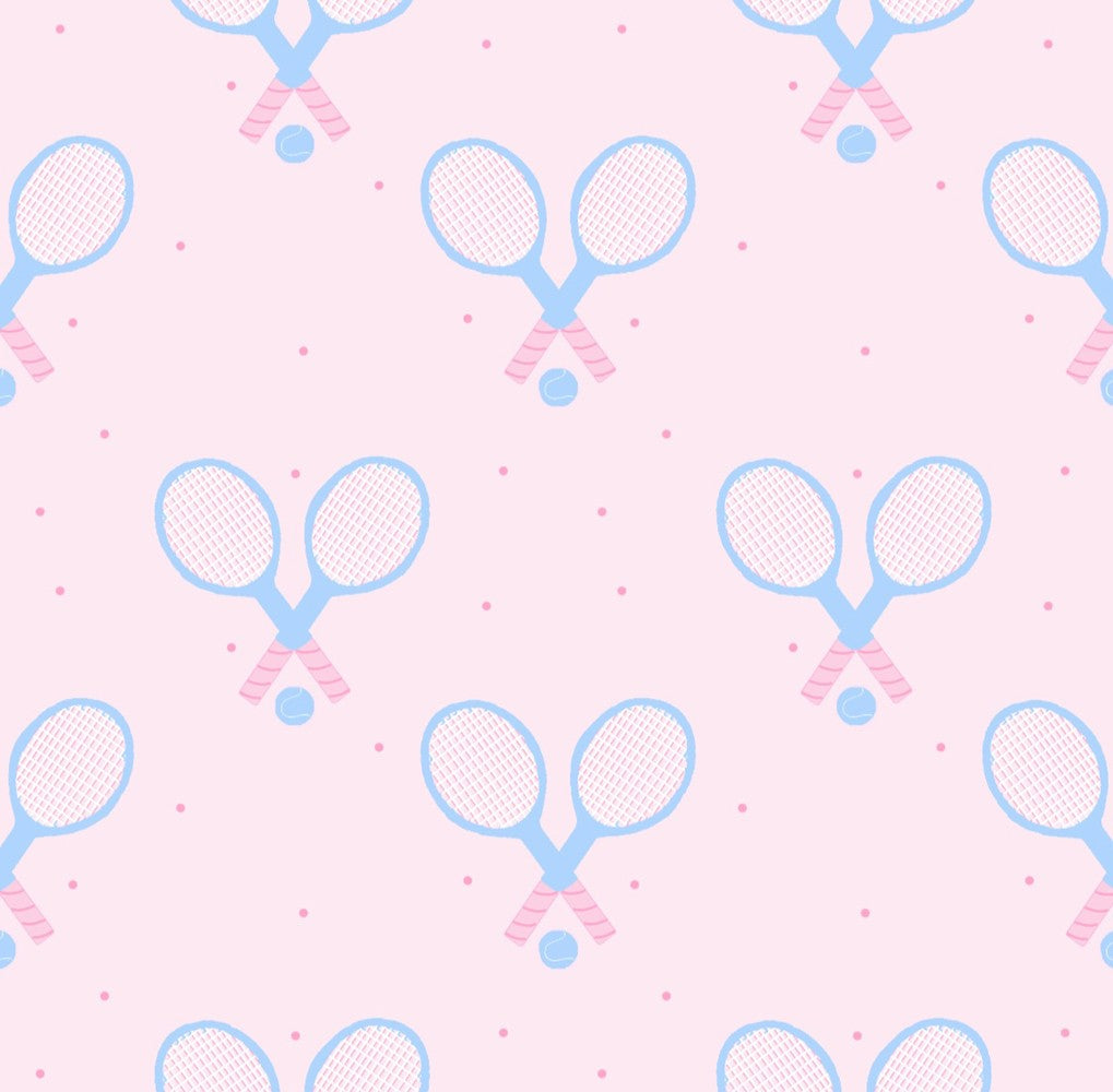 James & Lottie Girls Stella Tennis Dress - Pink with Racquets Print