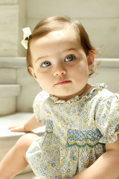 Yellow Lamb Baby Girls Yellow & Blue Floral Smocked Elise Bubble