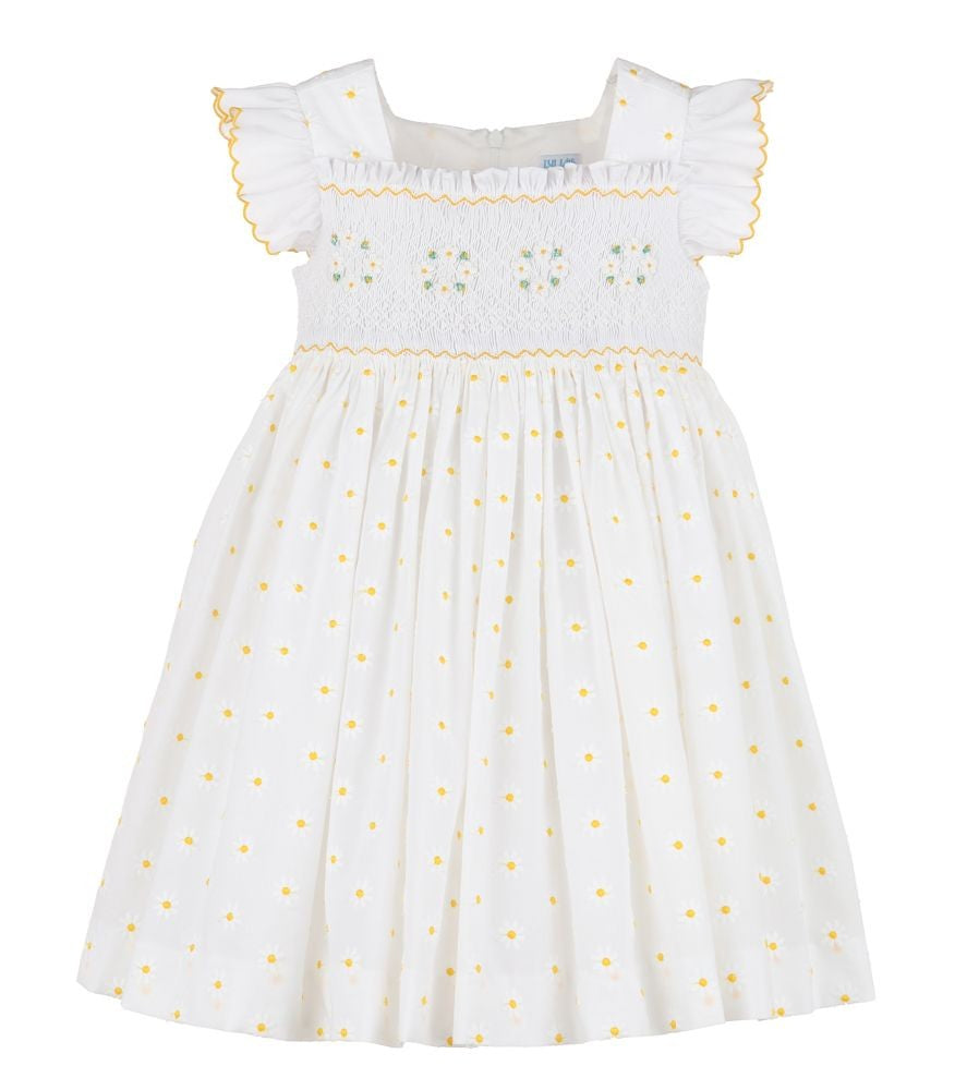 Luli & Me White Girls White Embroidered Yellow Daisy Smocked Dress - Flutter Sleeves