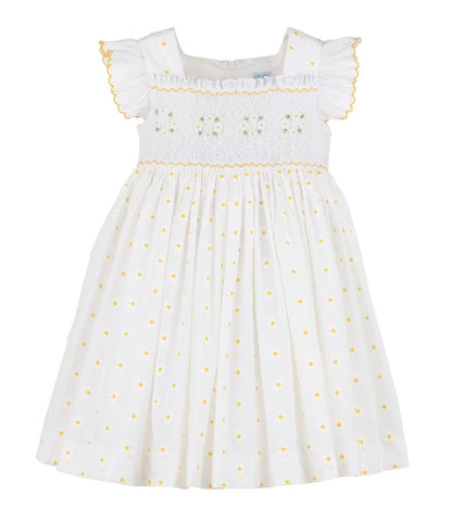 Luli & Me White Girls White Embroidered Yellow Daisy Smocked Dress - Flutter Sleeves