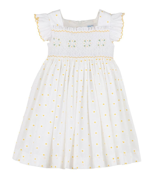 Luli & Me White Girls White Embroidered Yellow Daisy Smocked Dress - Flutter Sleeves