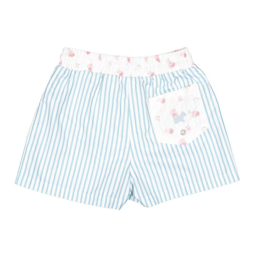 Sal & Pimenta Boys Swim Trunks - Blue Stripes - Sweetness Floral Trim & Pocket