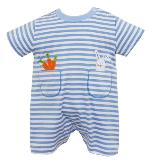 Claire & Charlie Baby Boys Romper - Blue Striped Knit Easter Bunny with Carrot