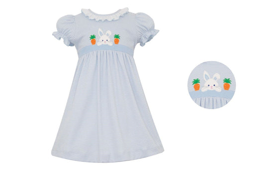 Claire & Charlie Girls Light Blue Knit Striped Dress- Bunny Face