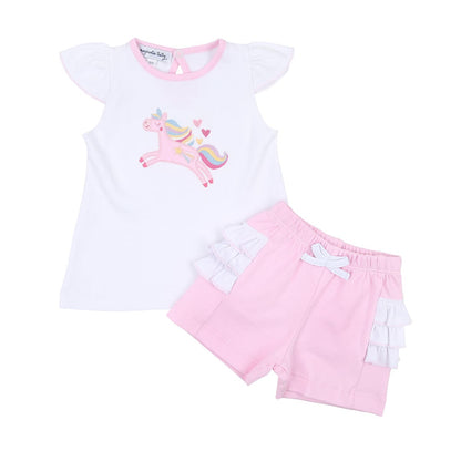 Magnolia Baby Toddler Girls Pink Believe in Magic Unicorn Ruffle Flutters Short Set