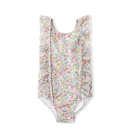 Swoon Baby Girls UPF 50 Vintage Pink Floral Ruffle Swimsuit - Bow on Back