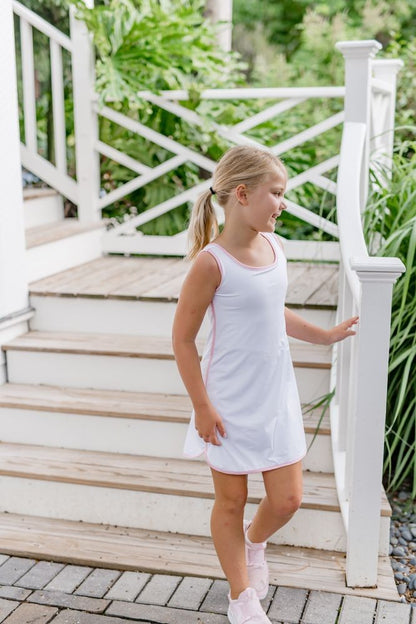 James & Lottie Girls Serve It Up Tennis Dress - White with Pink Trim