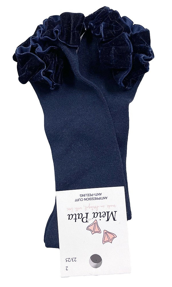 Meia Pata Girls Knee High Socks - Velvet Ruffle at Top - Navy Blue